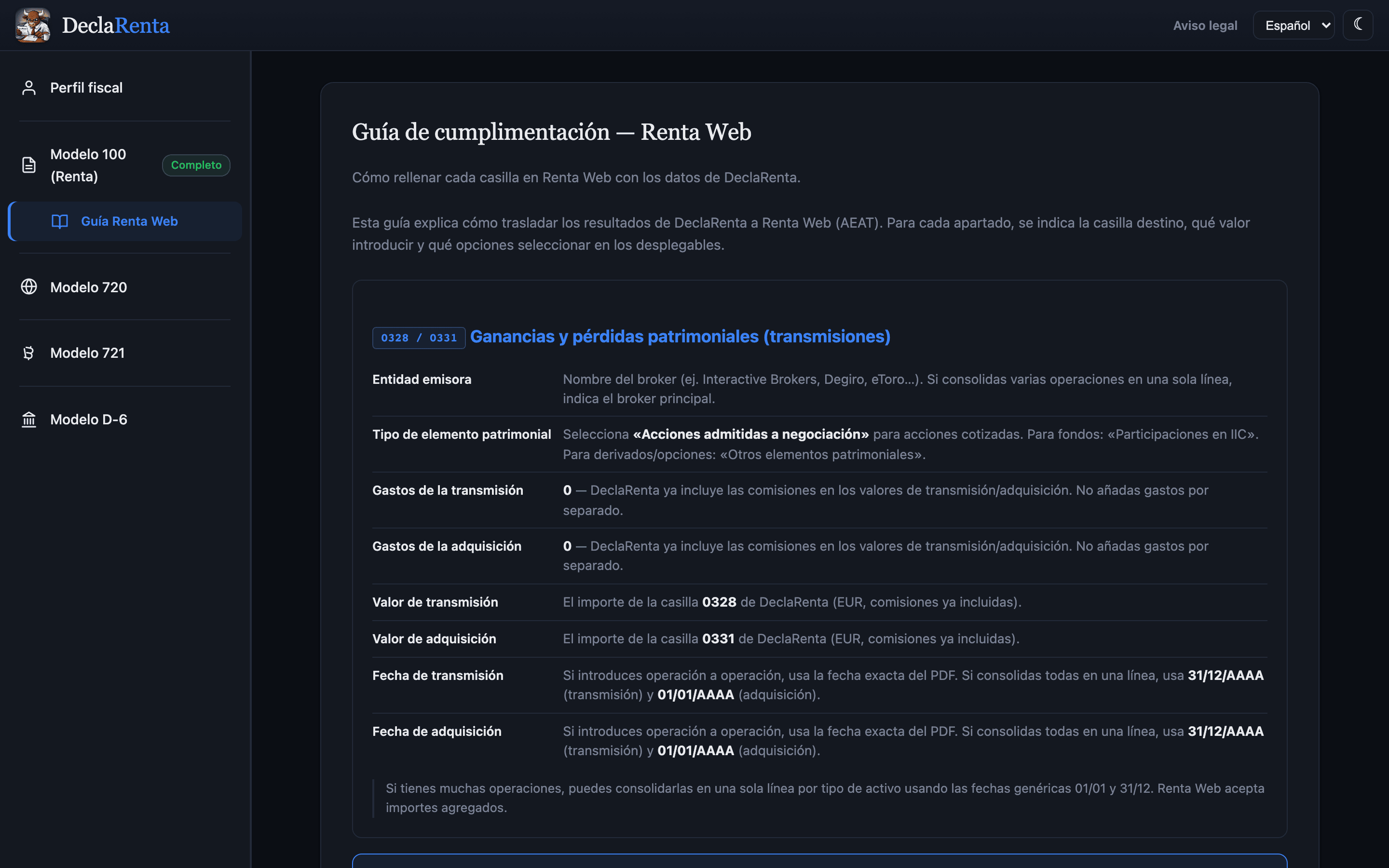 La Guía de cumplimentación de Renta Web: el apartado de las casillas 0328 y 0331 con la entidad emisora, el tipo de elemento patrimonial, los gastos y las fechas que pide Renta Web