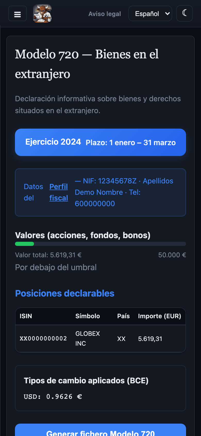 La sección del Modelo 720 en un móvil, con los datos del perfil fiscal y la barra del umbral de 50.000 euros
