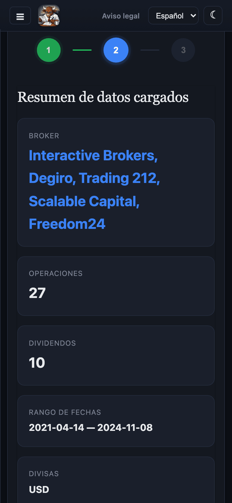 El paso Revisar datos en un móvil: IBKR, Degiro, Trading 212, Scalable Capital y Freedom24, 27 operaciones y 10 dividendos