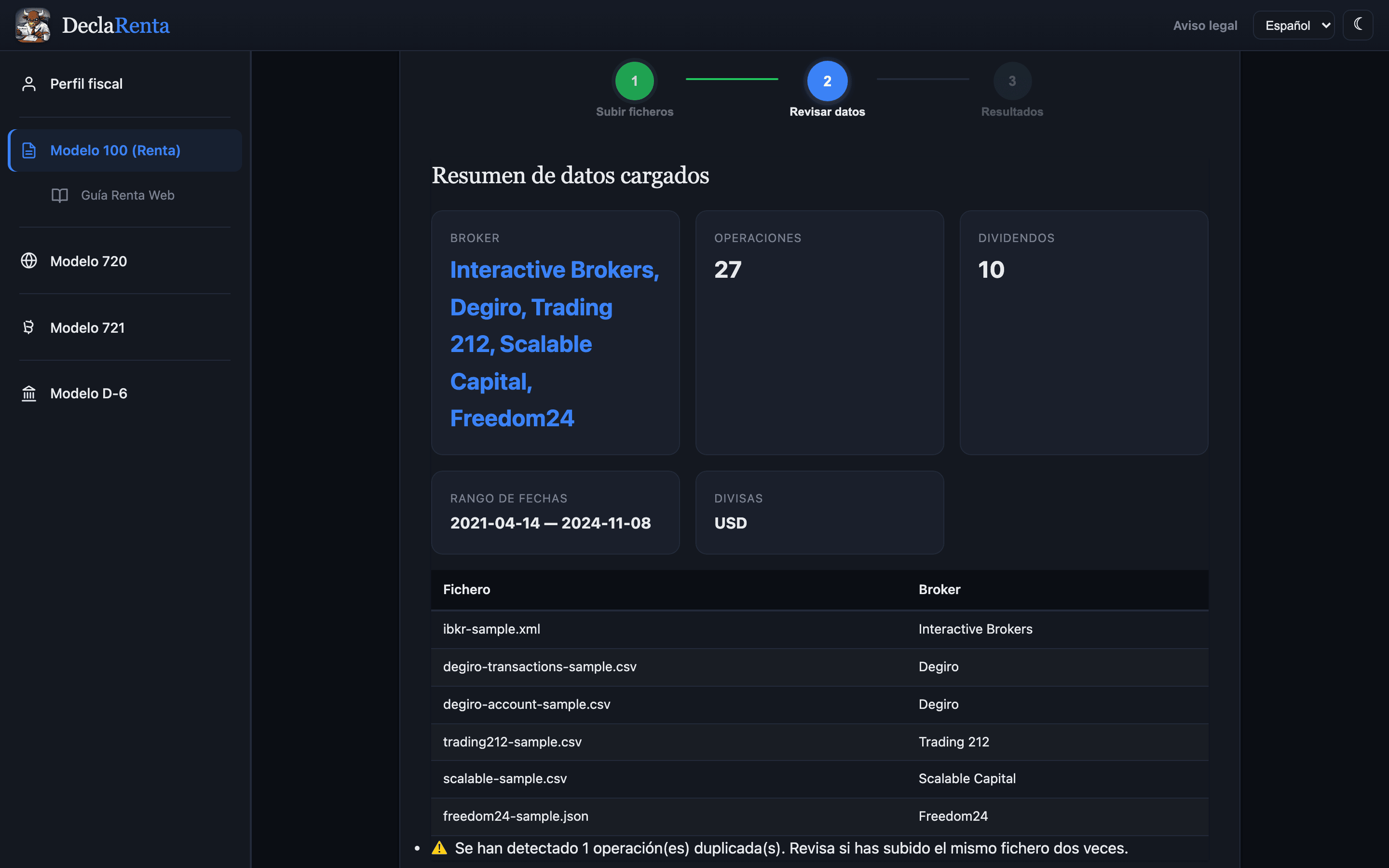 El paso Revisar datos: tarjetas con los brokers detectados, las operaciones, los dividendos, el rango de fechas y las divisas, y la tabla de ficheros