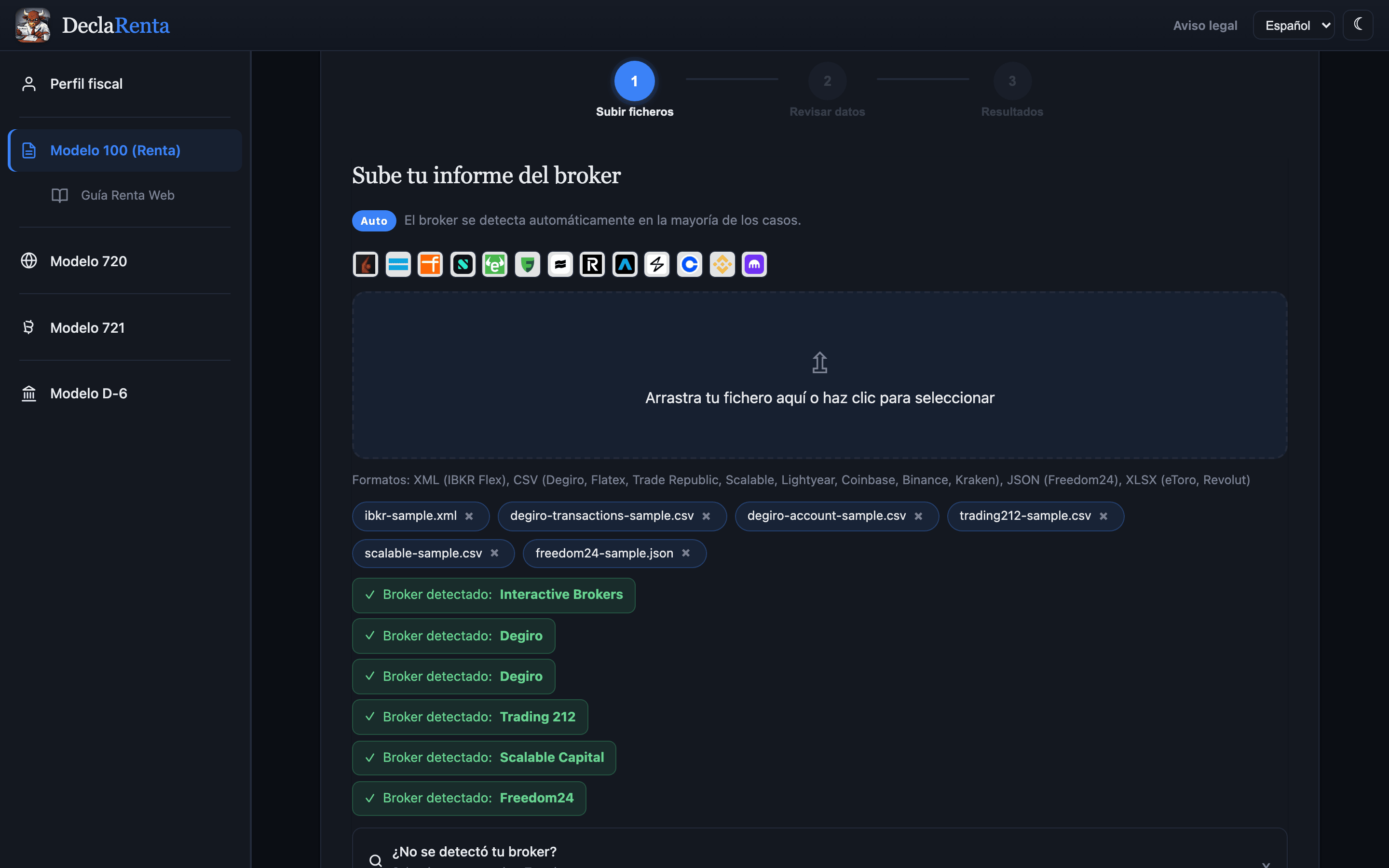 El paso Subir ficheros con los seis ficheros de ejemplo: cada fichero con su broker detectado, Interactive Brokers, Degiro, Trading 212, Scalable Capital y Freedom24